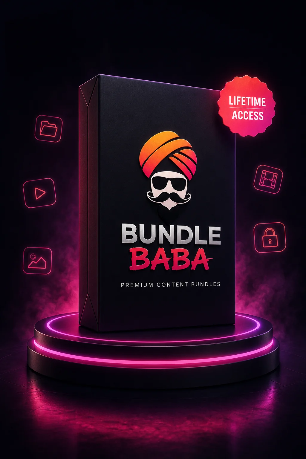 Bundle Baba premium collection box on a neon pedestal